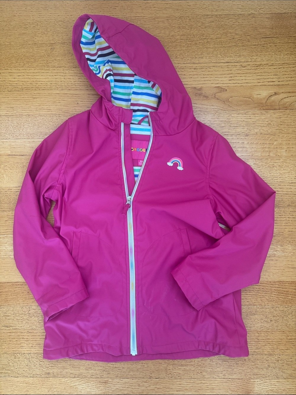 Wippette Hot Pink Hooded Raincoat with Rainbow Striped Jersey Lining